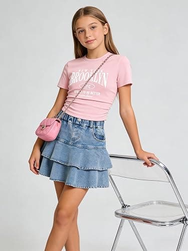 Cakaner Tween Girls Skirt Set Short Sleeve T-Shirt and Ruffle Tiered Denim Skirt Summer Casual 2 Piece Outfit Size 7-14 thumbnail 5