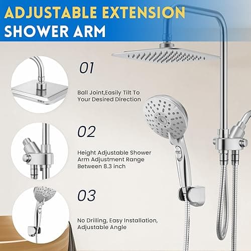 Ryamen Dual Shower Head Combo, 8'' High Pressure Rain/Rainfall Shower Head, 6 Settings Adjustable Handheld Showers, with 15" Height Adjustable Slide Bar, Holder/Hose, Angle Adjustable, Chrome - Bright Silver thumbnail 5