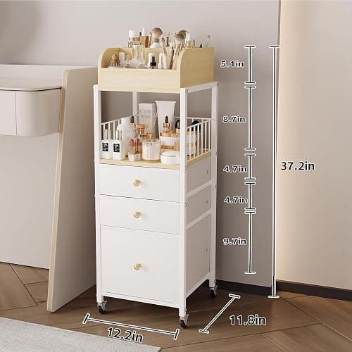 Makeup Organizer Cart with Drawers, Make up Organizers for Vanity, Floor Skincare Organizers- for Cosmetics, Nail Polish, Art Supply, Bathroom Vanity Desktop Organizer (White) thumbnail 3