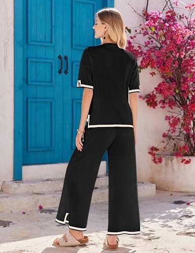 Ekouaer Lounge Set for Women Travel Outfits 2 Piece Sets Short Sleeve Sweater Top Wide Leg Long Pants Loungewear thumbnail 5