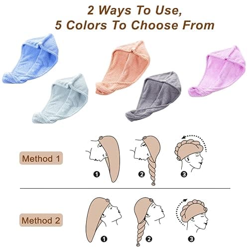 Kldnkig Soft Microfiber Hair Drying Towel Wrap, 5 Pack Elastic Hair Turbans for Fast Drying, Ideal for Women, Curly Wet Hair thumbnail 4