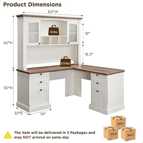 OKD 60" L Shaped Executive Desk with Hutch and Drawers, Farmhouse Home Office Desk with Charging Station, File Cabinet Storage, Wood Corner Computer Desk for Work and Study, Antique White thumbnail 2