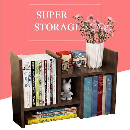 VOVCIG Desktop Organizer Expandable Office Storage Rack Adjustable Wood Display Shelf Rack Small Bookshelf Office Supplies Storage Shelf, 5 Units(Dark Brown) thumbnail 5