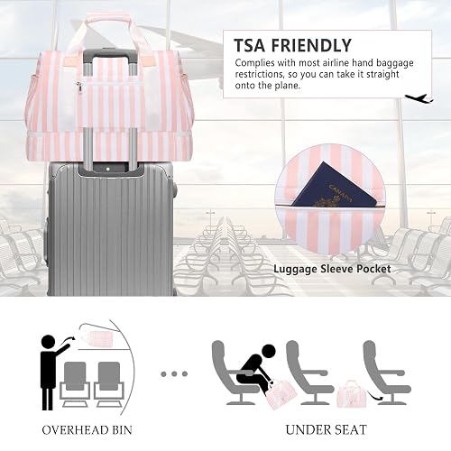 Bosidu Stripe Weekender Overnight Bags for Women - 2Pcs Carry On Travel Duffle Bag with Shoe Compartment - Pink thumbnail 5