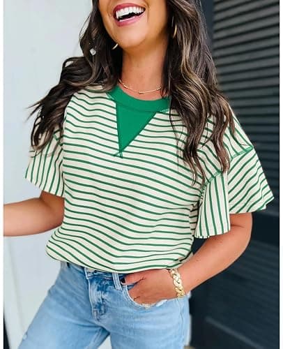 Women's Summer Striped Ruffle Short Sleeve Tops Contrast Color Block 2026 Round Neck Loose Fit Cute Casual Top Blouse thumbnail 2
