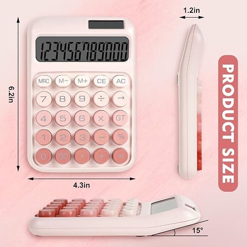 DANRONG Mechanical Switch Calculator with Big Buttons, Calculators Desktop, 12 Digits, Solar Battery Power, Desk Calculator, Large LCD Display, Cute Pink Calculator for Teachers Students Basic Office thumbnail 2