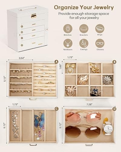 Homde Synthetic Leather Huge Jewelry Box Mirrored Watch Organizer Necklace Ring Earring Storage Lockable Gift Case (White + Gold) thumbnail 4