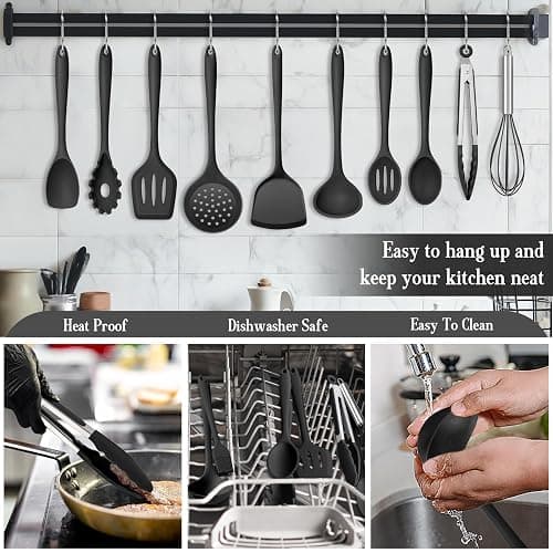 Onader Black Kitchen Utensils Set, 24 Pcs Silicone Cooking Utensils with 10 Hooks, Heat Proof Kitchen Tools Include Spatula Spoon Turner Tong for Non-Stick Cookware thumbnail 4
