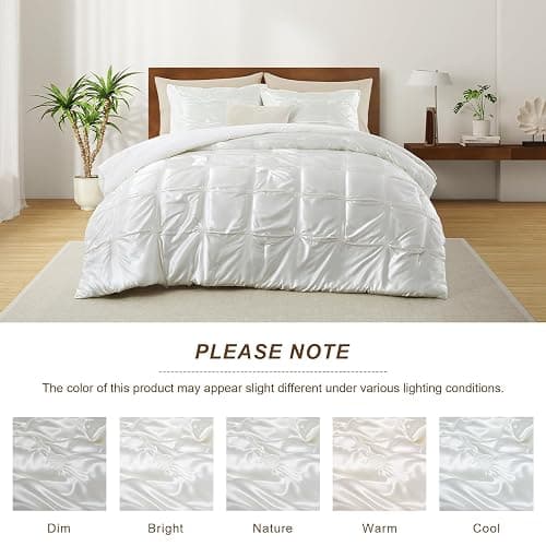 Lanest Housing Full/Queen Size Satin Comforter Set Ivory White, 3 Pieces Soft and Lightweight Silk Bedding, All Season Fluffy Down Alternative Comforter Bed Set thumbnail 6