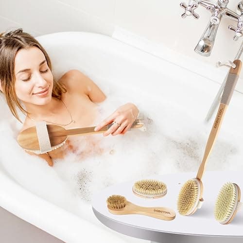 DEBETOOL Dry Brushing Set - Natural Boar Bristle Body & Face Brush, Wooden Long Handle Scrub Brush for Cellulite & Lymphatic Drainage Body Care, Detachable, 3 Brush Heads thumbnail 7