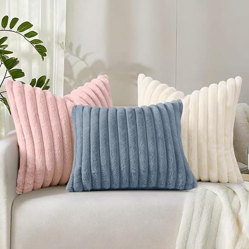 decorUhome Faux Fur Christmas Throw Pillow Covers 18x18 Set of 2, Decorative Soft Plush Striped Neutral Couch Euro Pillow Covers with Velvet Back for Sofa, Bed, Living Room Home Decor, Cream White thumbnail 9