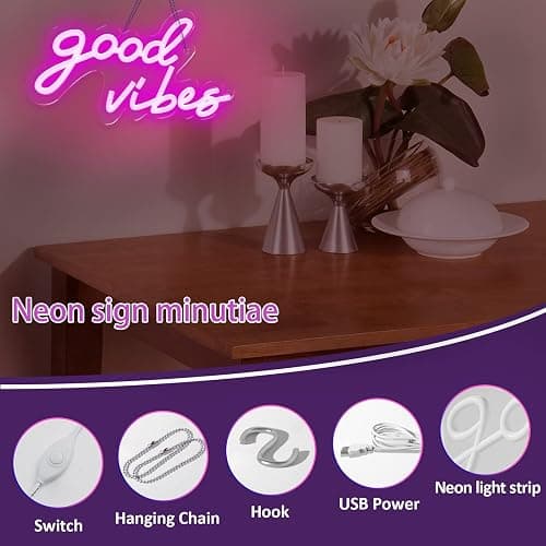 Good Vibes Neon Sign with Dimmable Switch Powered by USB, Super Bright Pink LED Neon Signs for Wall Decor,Neon Lights for Bedroom(16.1 * 8.3") thumbnail 4
