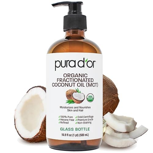 PURA D'OR 16.9 Oz ORGANIC Fractionated Coconut Oil (GLASS BOTTLE) USDA Certified MCT Oil – Therapeutic, Lightweight Moisturizer – Hexane Free Carrier Oil For Essential Oils, Massage – Face, Hair, Body - Image 1