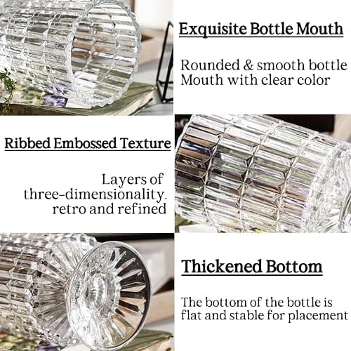 BLOFLO Embossed Glass Vase, 7'' Crystal Glass Vases, Pedestal Big Base Glass Bouquet Vase, Hydroponic Glass Transparent Vase for Home Office Wedding Dining Table Party (Ribbed Pattern) thumbnail 5