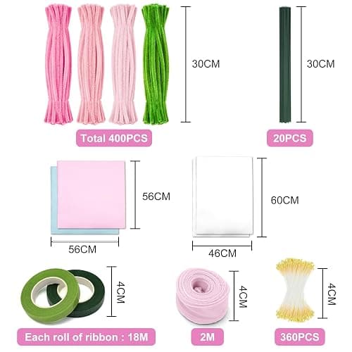 IJIAMY 400 Stück Pfeifenreiniger Blumen Set, Pfeifenputzer Blumen Zum Basteln, Mit Grüne Blumenstöcke, Klebebandrollen, Klebestifte, Anleitungen (Rosa) thumbnail 2