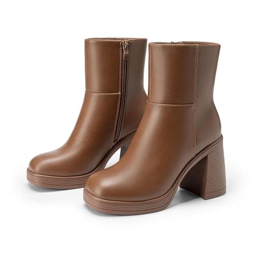 Athlefit Women's High Chunky Heel Platform Ankle Boots | Square Toe Fall Short Booties With Side Zipper, 3.54-Inch Heel, Non-Slip Outsole, Ideal for Daily Outings, Dates & Parties thumbnail 7