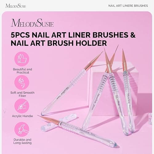 MelodySusie 5Pcs Nail Art Liner Brushes with Nail Brush Holder, Professional Gel Polish Painting Art Design Pen for Thin Long Lines, Tiny Details, Fine Drawing, Delicate Coloring Sizes 5/7/9/11/20mm thumbnail 2
