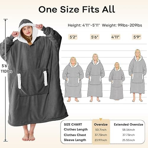 yescool Wearable Blanket Hoodie, Flannel Sherpa Fleece Blanket Sweatshirt for Adults Women Men,One Size Fits All thumbnail 7