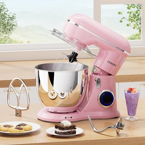 CEBORY 3-IN-1 Electric Stand Mixer, 6.5QT Bowl 660W 10-Speed Kitchen Mixer, Household Food Mixers include Dough Hook, Beater and Whisk, Bread Cake Mixer for Baking and Most Home Cooks, Pink thumbnail 2