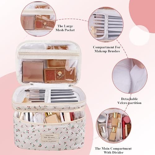 Makeup bag, Large Cosmetic Bag for Women Girls, Cute Quilted Makeup Bags, Floral Coquette Aesthetic Toiletry Bag, Travel Make Up Organizer Bag (Cherry) thumbnail 3