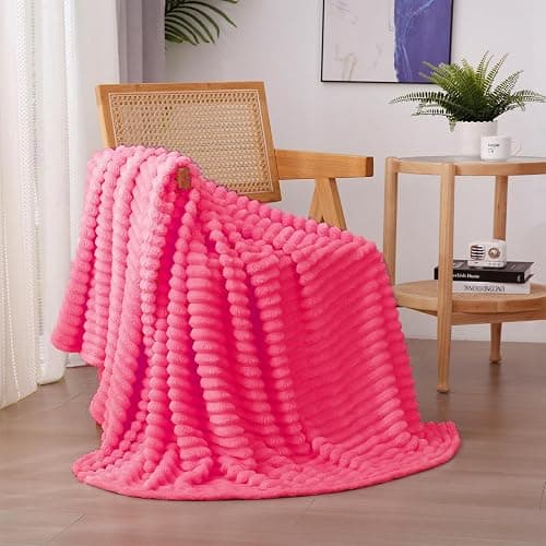 Linecooo Hot Pink Fleece Throw Blanket 50”×60” for Couch Sofa Livingroom | Super Soft Cozy Plush Microfiber Flannel Bed Blanket Striped Design Lightweight Home Decor Gifts for Adults Mom Women - Image 1