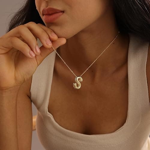Ewrkbrㅤ Initial Necklaces for Women, 14k Gold Plated Bubble Letter Necklace Chunky Gold Necklace Dainty Charm Initial Necklaces for Women Trendy Custom Preppy Stocking Stuff Necklace Christmas Gifts thumbnail 3
