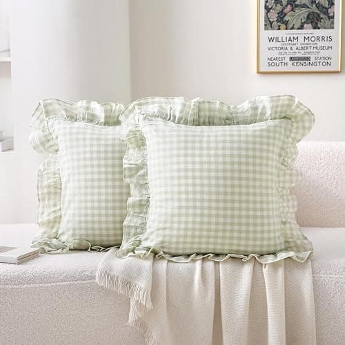 K MASANIJI 2 Pack Pile Green White Plaid Ruffle Gingham Throw Pillow Covers, 100% Washed Cotton Checkered Farmhouse Decorative Pillow Shams for Bed/Sofa - 18‘’x18'' - Image 1