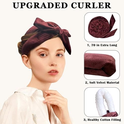 Gwabee No Heat Overnight Hair Curlers - 70" Soft Ribbon Curl Wrap with 9 Curling Rods, Headband for Long Hair Rollers - Burgundy thumbnail 3