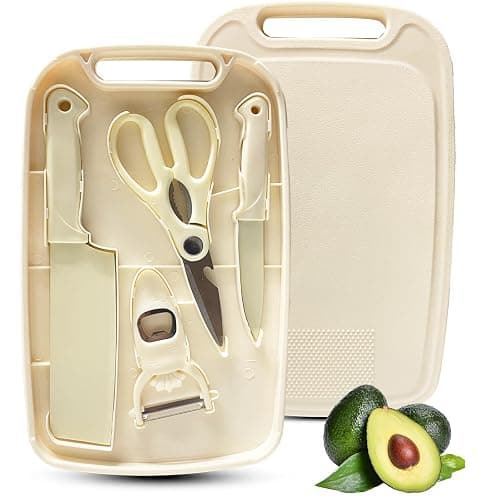 WEISHEHUG Knife and Cutting Board Set, 5 In1 Travel Small Cutting Boards with Knife Camping Essentials Cream Colored Chopping Board for Travel College - Image 1