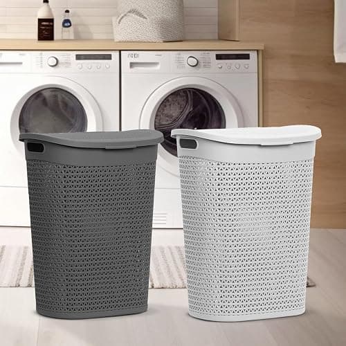 60L Laundry Basket with Lid - Large Plastic Washing Basket with Handles - Heavy-Duty Rattan Laundry Bin Hamper Clothes Storage Organiser for Bedroom & Bathroom - Grey, 60 Litre thumbnail 6