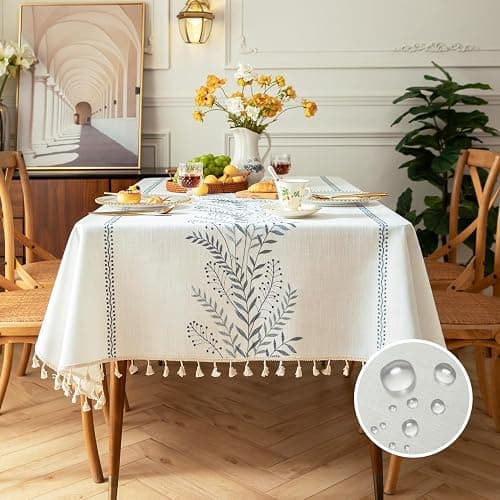 VOGOL Blue Leaf Embroidered Tablecloth, Linen Textured Rectangle Waterproof Wrinkle Free Table Cover for Family Dinner Table or Outdoor Gathering, 55 x 102 Inches - Image 1