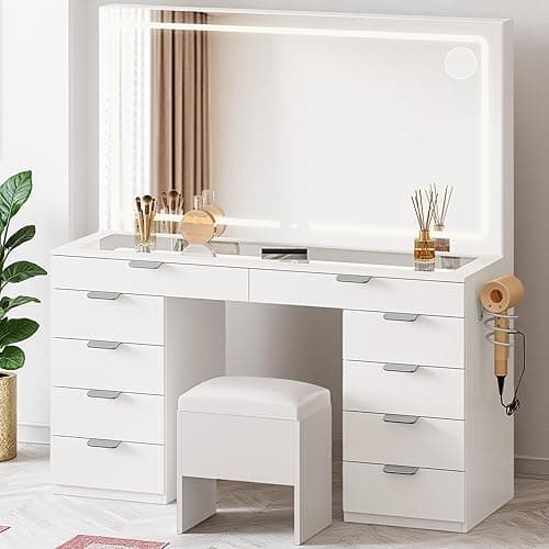 DWVO Makeup Vanity Table with Stool, Large Mirror, 10 Drawers, LED Lights with 3 Color Settings, USB & Power Outlets, Glass Top Dressing Table