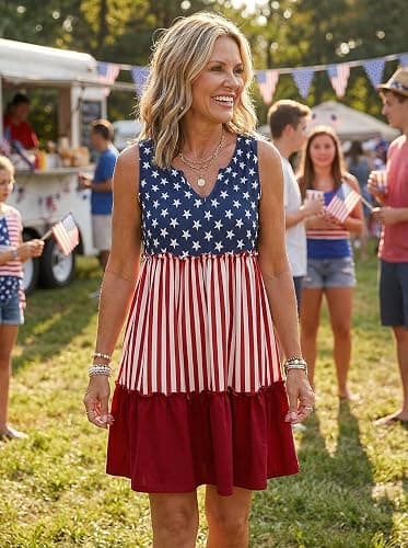 AIMITAG American Flag Star Vertical Striped Ruffled Mini Dress Womens 4th of July Patriotic Dresses Casual Color Block Dress thumbnail 3
