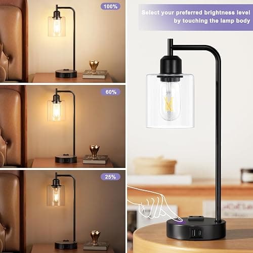 Industrial Touch Table Lamps for Bedrooms Set of 2 - 3-Way Dimmable Nightstand Lamps with USB C+A Ports and Outlet, Black Bedside Lamps with Glass Shade for Living Room, Desk Lamps for Home Office thumbnail 3