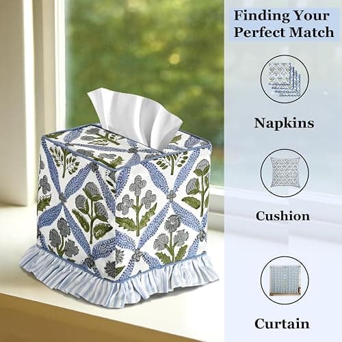 Ridhi Light Steel Blue Block Print Ruffle Tissue Box Cover Handmade Cotton Decorative Square Napkin Holder for Home Bedroom Living Room Bathroom Vanity Countertop Car Office Kitchen thumbnail 8