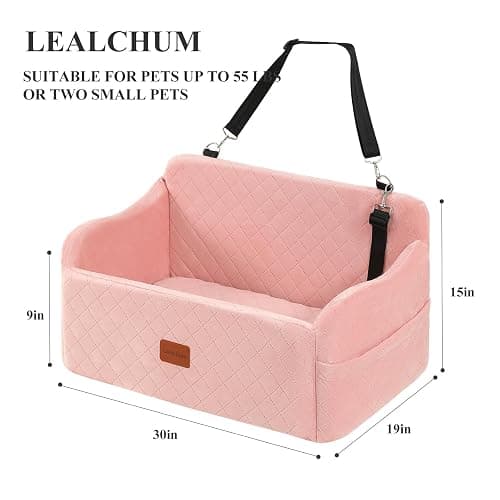 Lealchum Dog Car Seat for Medium/Large Dogs,2 Clip-On Safety Leashs for 2 Small Dogs,Removable and Washable Comfy Pet Car Seat,Easy to Install and Clean (Pink, Large) thumbnail 2
