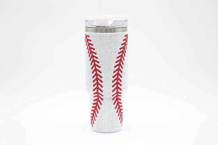 SEM LIFE 40 Oz Rhinestone Bling Tumbler Cup with Handle and Straw (BASEBALL), Stainless Steel and Double Wall Insulated thumbnail 7