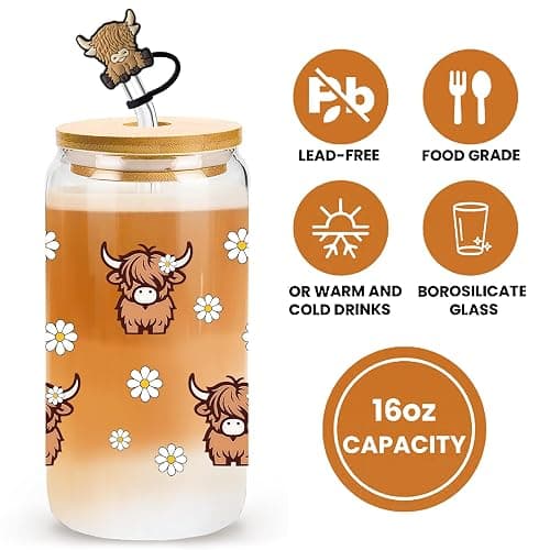 Nymora Highland Cow Glass Cup with Lid and Straw, 16oz Cute Tumbler for Iced Coffee, Cocktails, and Drinks, Highland Cow Gift for Women and Girls (B) thumbnail 4