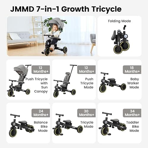 JMMD Baby Tricycle, 7-in-1 Multifunctional Kids Trike with Adjustable Parent Handle, Safety Harness & Wheel Brakes, Removable Canopy, Stroll Trike for Boys & Girls Ages 18 Months-5 Years, Black thumbnail 3