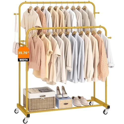 Laiensia Double Rods Garment Rack with Wheels, Clothing Rack for Hanging Clothes,4 Hooks, Multi-functional Bedroom Clothes Rack, Gold - Image 1