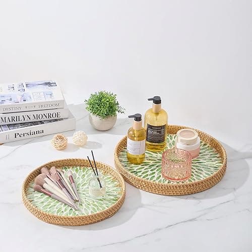 Round Rattan Tray with Mother of Pearl Inlay, Rattan Serving Tray with Wooden Base, Decorative Wicker Basket for Table Decor, Storage and Display of Coffee Bread Food Fruit (Leaf 13.5") thumbnail 4