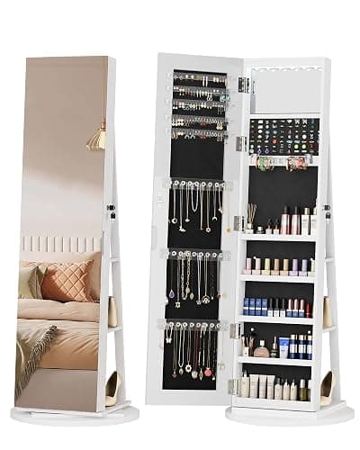 FAVSH 6 LEDs Jewelry Armoire with Frameless Full-Length Mirror, White | 360° Swivel Jewelry Cabinet Standing with 3 Back Shelves, Jewelry Organizer with Storage Lockable for Women, Girl - Image 1
