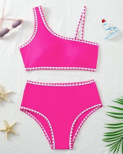 Sewetier Girls Swimsuit 2 Piece Bikini Set Contrast Trim Bathing Suit Padded Solid Color Swimwear with Adjustable Strap 7-16Y thumbnail 3
