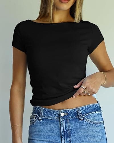 Beumissy Women's Boat Neck Short Sleeve T-Shirts Y2K Cute Going Out Tops Summer Baby Tees thumbnail 3