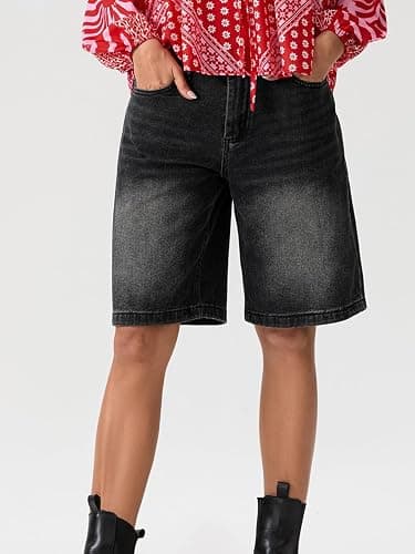 NUFIWI Women Baggy Denim Bermuda Shorts Y2k Straight Denim Shorts | Jean Shorts Womens, Wide Leg, Short Pants, Vintage, Casual, Knee Length, Long Jorts with Pockets, Oversized, Trendy thumbnail 7
