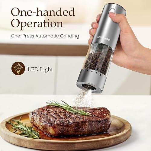 Newise Electric Salt and Pepper Grinder Set - Christmas Kitchen Gift, Rechargeable with LED Lights, Stainless Steel Automatic Mill, Adjustable Coarseness, Large Capacity, Silver thumbnail 3