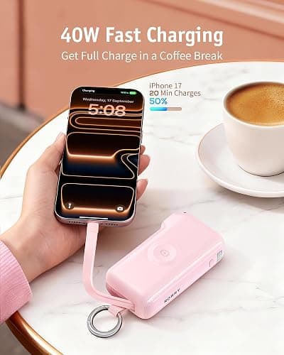RORRY Flow Portable Charger 10000mAh 40W Wall Plug Power Bank Battery Pack | Built-in USB-C Cable, Keychain Design, Fast Charging, for iPhone 18 Pro/17/16/15, Apple Watch, iPad, Travel Essential thumbnail 3
