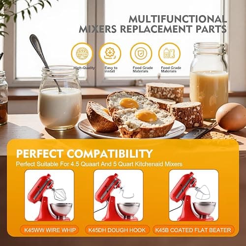 3-Piece Kit Attachments for KitchenAid Tilt-Head Stand Mixer, Accessories Stainless Steel K45WW Wire Whip, K45DH Dough Hook and K45B Coated Flat Blade Paddle with Scraper thumbnail 8