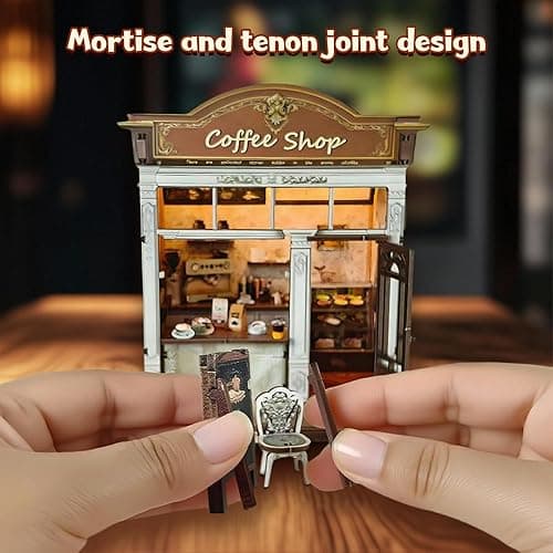DIY Miniature House Kit, Coffee Shop Book Nook Kit, Mini Building Kit, Dollhouse Kit for Adults and Teens, 3D Wooden Puzzles with LED Light, Craft Kit for Family and Friends(Retro Coffee Shop) thumbnail 3