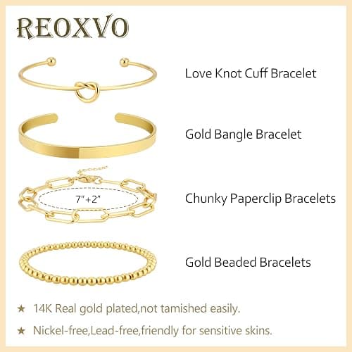 Reoxvo Christmas Stocking Stuffers Gifts for Women-Gold Plated Bangle Cuff Bracelets for Women Non Tarnish Gold Bracelet Stack Jewelry Set for Women Trendy thumbnail 2